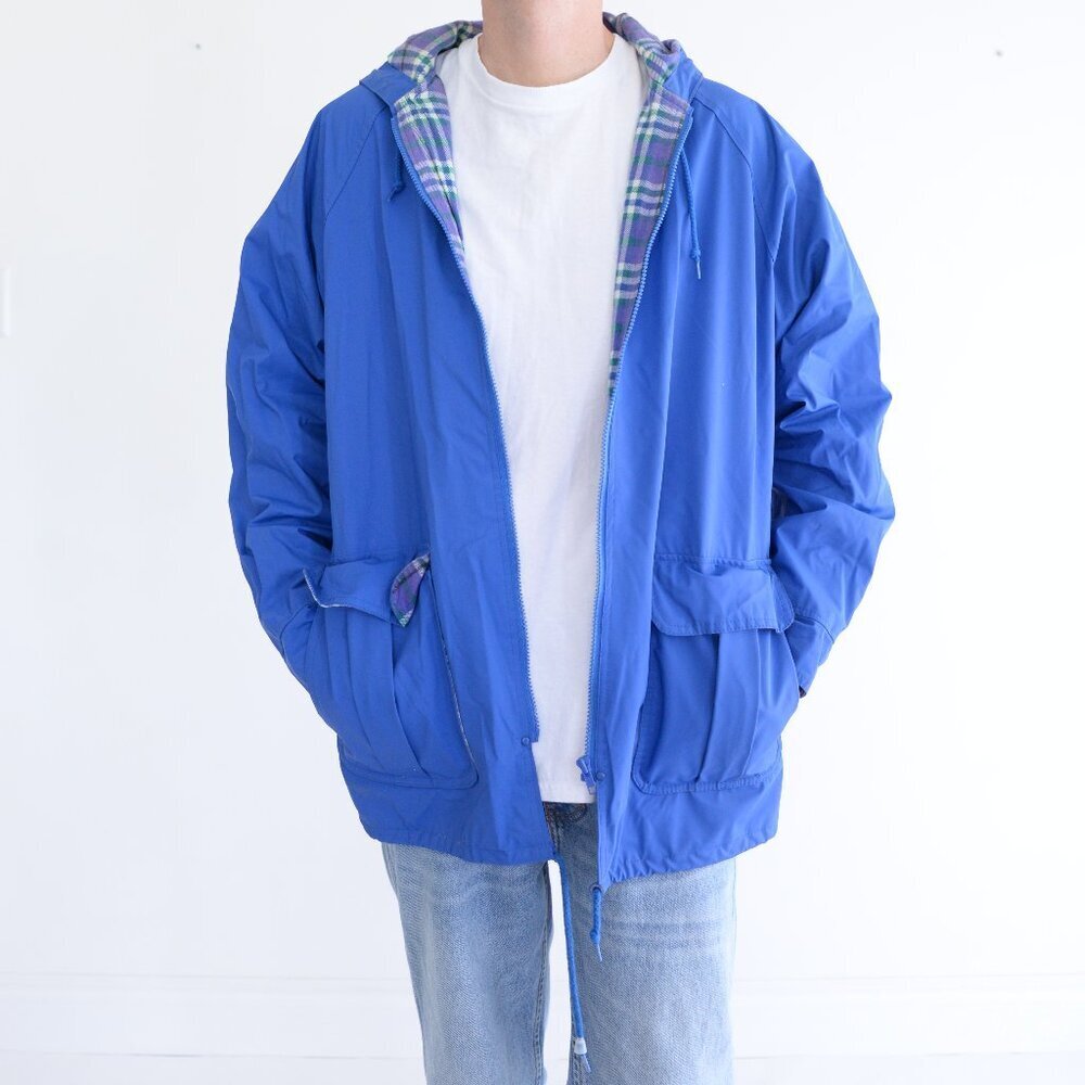 Vintage 90S Windy Weather Blue With Cotton Purple & Blue Plaid Lined Zip Up Rain